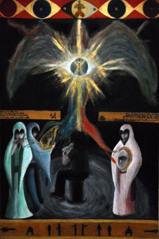 Person reading in front of three hooded mysterious people, a dragon emerging from the book into the sky